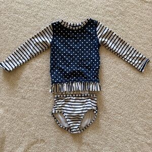 EUC RuffleButts Navy Polka Dot & Stripe Two-Piece Swimsuit rashguard 3T